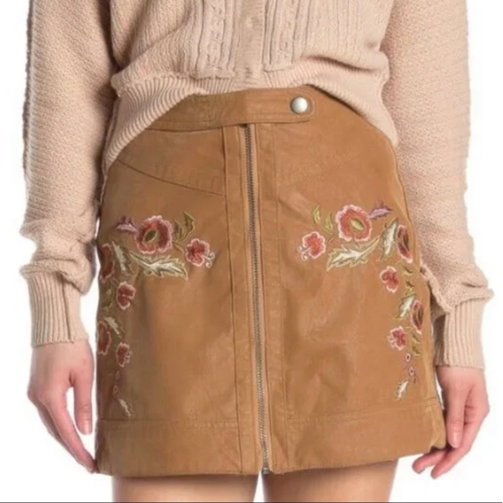 Free People Floral Faux Leather Embroidered Mini Skirt